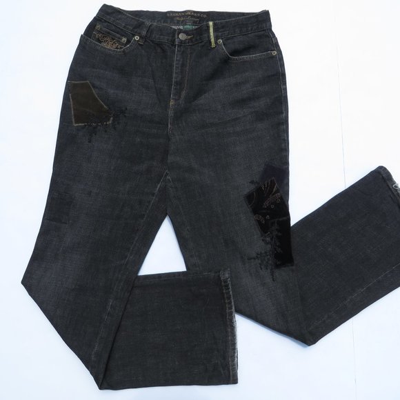 Lauren Jeans Co. Ralph Lauren 10 Women's Jean Boot Cut BLACK Distresses - Picture 1 of 10